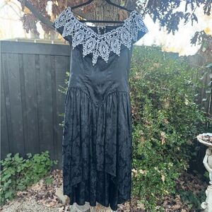 Vintage 80s Black Jacquard Dress White Lace Off Shoulder Cocktail Dress M